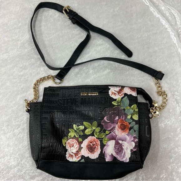Steve Madden Black Floral Logo Printed Chain Strap Crossbody Roses Shoulder Bag - Picture 1 of 15